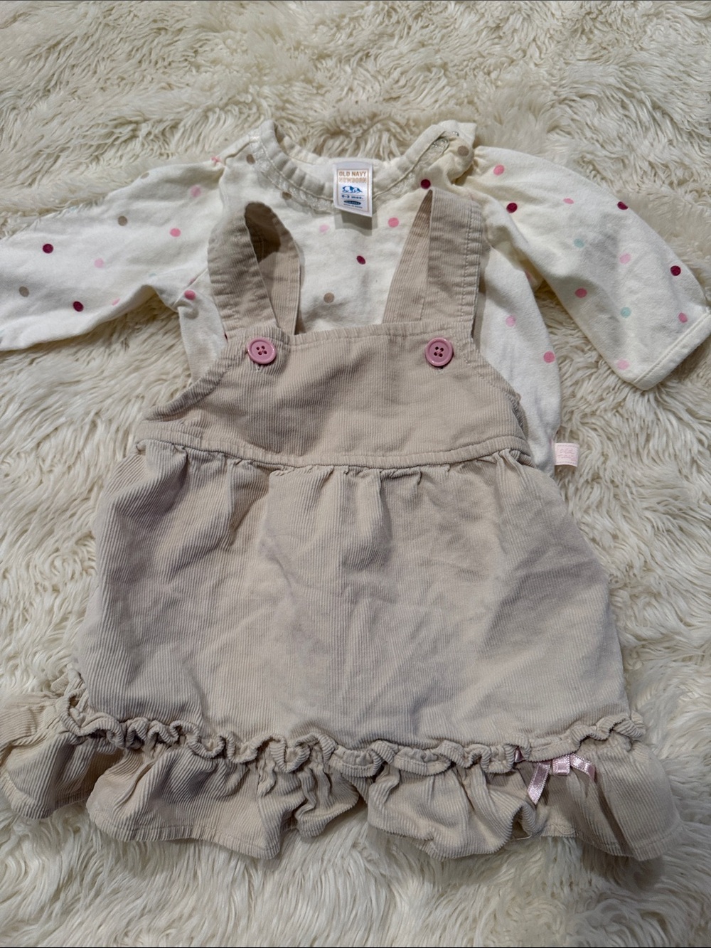 Old Navy Cream Polka Dot Onesie with Beige Corduroy Pinafore